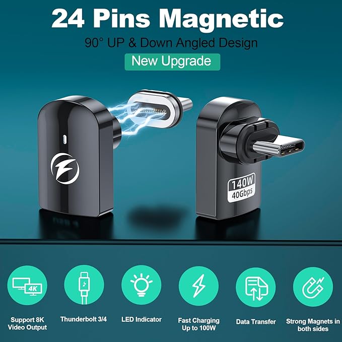 HanCenDa 90 Degree USB C Magnetic Adapter 2Pack, Right Angle Magnetic USB C Adapter with 40Gbps Data Transfer PD 140W Charge 8K 60Hz Video for Thundebolt, MacBook Pro/Air and More Type C Devices