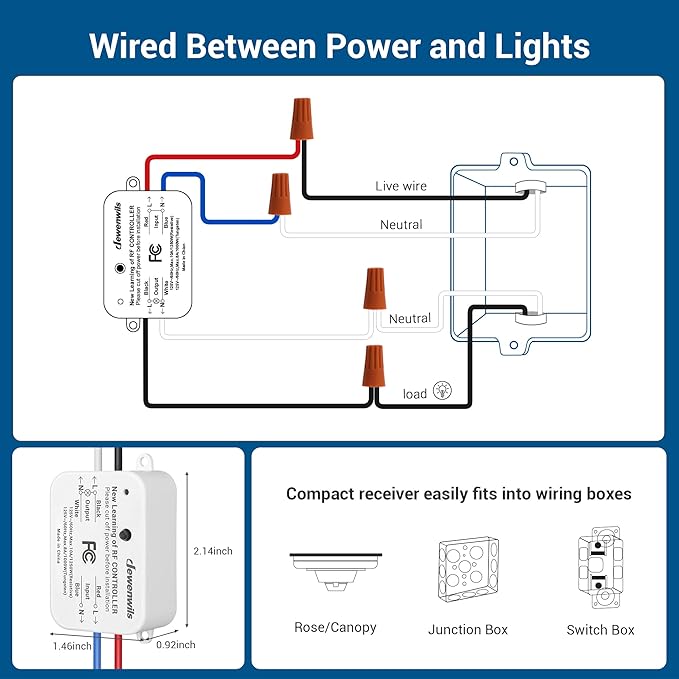 DEWENWILS 3 Way Wireless Light Switch and Receiver Kit, Remote Control for Ceiling Lights, Fans, Lamps, No in-Wall Wiring, No WiFi Needed, Wireless Panel Switch,100Ft RF Range
