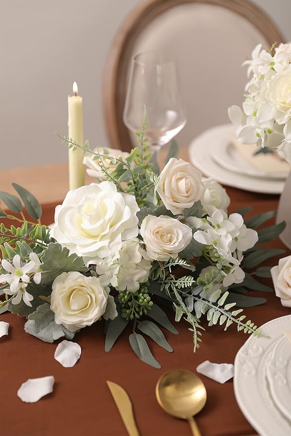 Artificial Flowers Combo Silk Mix Fake Flowers Leaf for DIY Wedding Bouquets Centerpieces Arrangements Party Baby Shower Home Decorations(Milk White)
