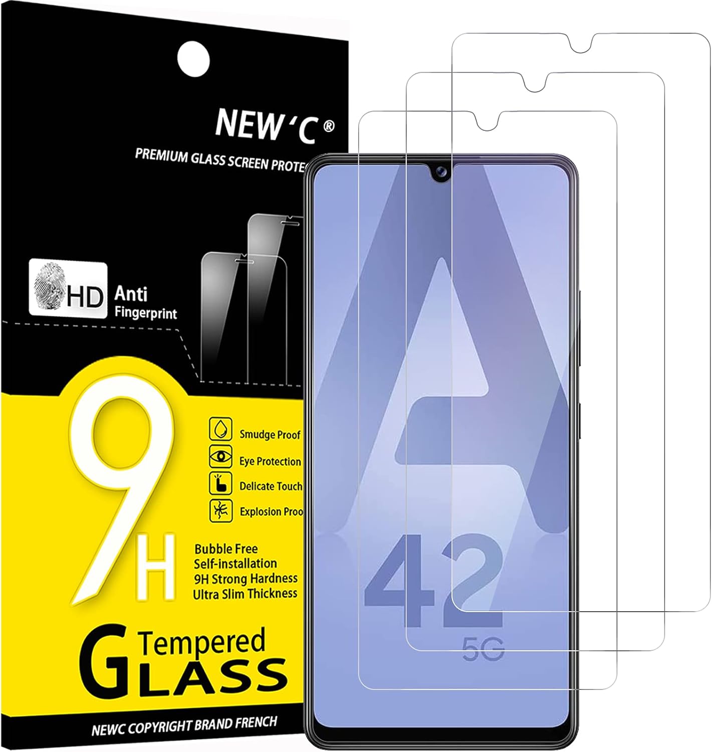 NEW'C 3 Pack Screen Protector for Samsung Galaxy A42 5G, Galaxy M12, Tempered Glass, Case Friendly, Bubble Free
