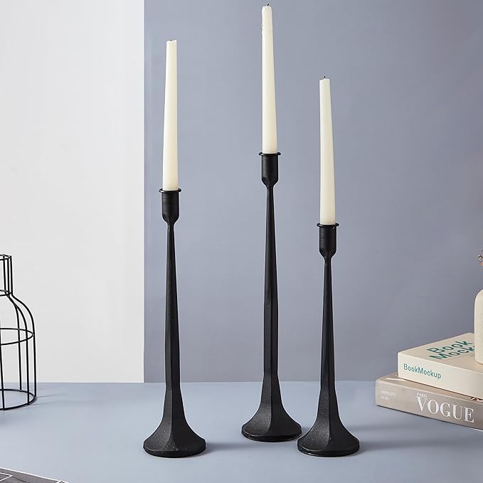 Denique Iron Taper Candle Holder Set of 3, Black Candlestick Holders 19.3”17” 14” Heightening Decorative Candle Stand Set for Wedding, Dining Table, Home Decoration (Black)