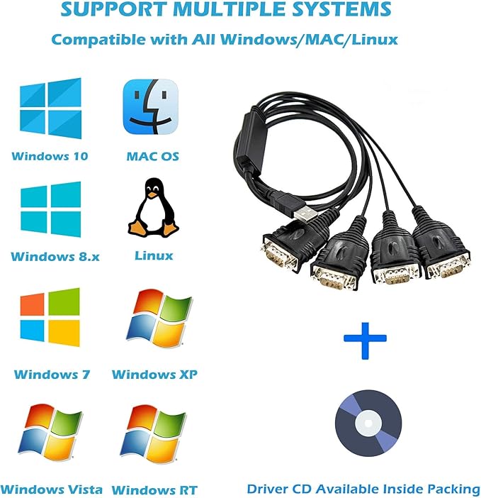 4 Port Professional FTDI CHIP USB to RS232 Serial Cable DB9 Serial Adapter Converter 9-Pin Male to Male with Hexnuts (W/Hexnuts, 4 RS232 Port)