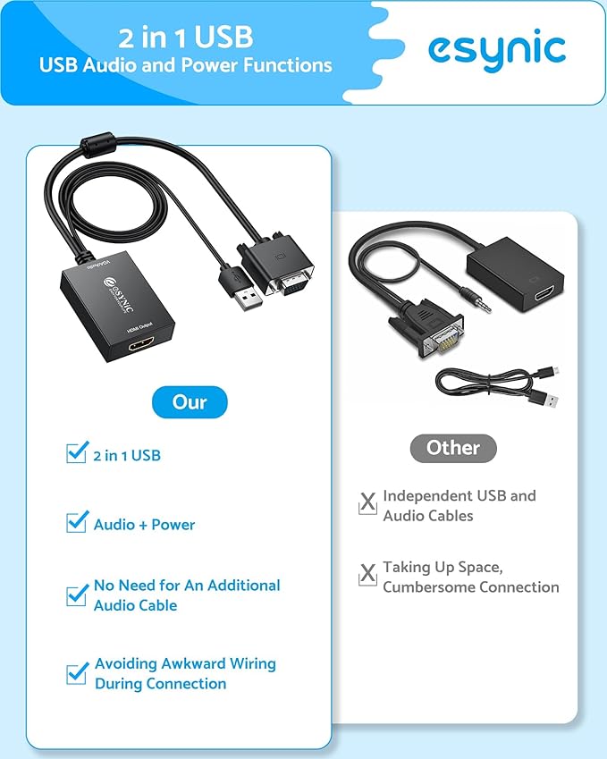 eSynic Professional VGA to HDMI Adapter 1080P VGA to HDMI Cable Converter ABS Shell Male to HDMI Female Support USB Power&Audio Output with Mirror & Extend Modes for Laptop to Monitor etc