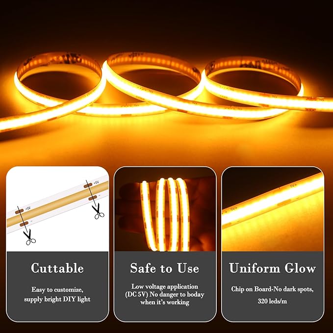 Short LED Strip Lights Yellow 5V USB Not Dimmable Flexible COB LED Rope Lights 320 LEDs/m Super Bright Gold Bendable Small Tape Lights for Exhibition Hall,Living Room TV Lights Decor (3.28FT/1M)