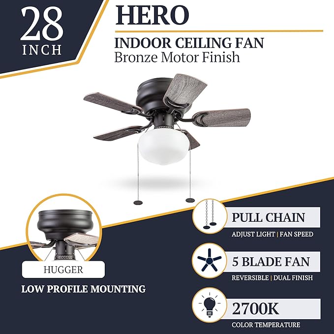 Prominence Home Hero, 28 Inch Traditional Flush Mount Indoor LED Ceiling Fan with Light, Pull Chain, Dual Finish Blades, Reversible Motor - 51655-01 (Bronze)