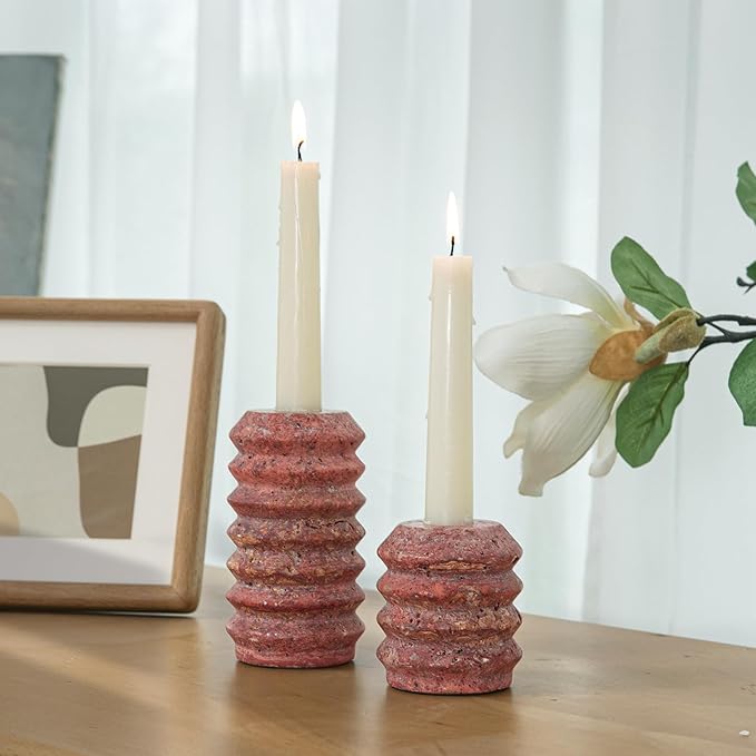 WORHE Candle Holders Italy True Natural Travertine Stone 0.4" Thick Set of 2 Marble Candlestick Holder for Christmas Wedding Dinning Party for 3/4 inch Candles Color Red (WH025)