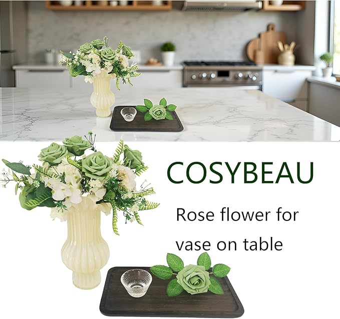 Artificial Rose Flowers 25pcs, Matcha Green Foam Fake Rose Faux Flower for Wedding Bouquets Bridal Shower Centerpieces Floral Arrangements Home Decorations Party Backdrops Table