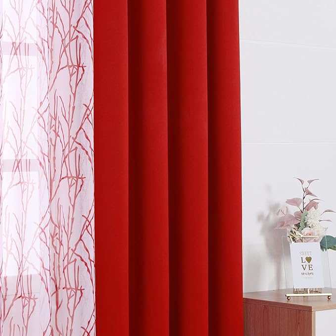 BONZER Mix and Match Curtains - 2 Pieces Branch Print Sheer Curtains and 2 Pieces Blackout Curtains for Bedroom Living Room Grommet Window Drapes, 54x95 Inch/Panel, Red, Set of 4 Panels