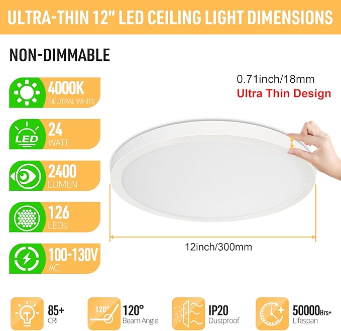 SunRider LED Flush Mount Ceiling Light Fixture, 4000K Neutral White, 2400LM, 12 Inch 24W Round Ceiling Lights, 240W Equiv. Panel Lamp, Non-Dimmable