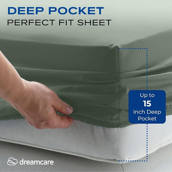 DREAMCARE Full Size Sheets Set - 4 Pcs Cooling Bed Sheets with Up to 15" Deep Pockets - Soft, Long-Lasting 100% Brushed Polyester with Side Pocket (Sage Green)