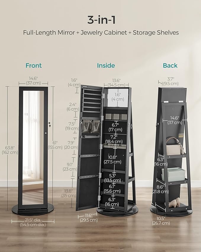 SONGMICS 360° Swivel Jewelry Cabinet, Lockable Jewelry Organizer with Full-Length Mirror, Rear Storage Shelves, Interior Mirror, Jewelry Armoire, Christmas Gifts for Women, Gift Idea, Black UJJC006B01