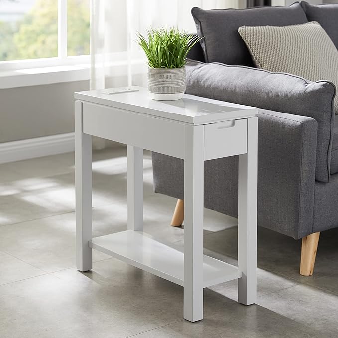 Leick Home Cade Wood Side Table with Drawer, AC & USB Outlet, Floating Top Design, Solid Wood, Storage Shelf, Compact for Small Spaces, 24 in D x 10 in W x 24 in H, Gray, 9080-GR