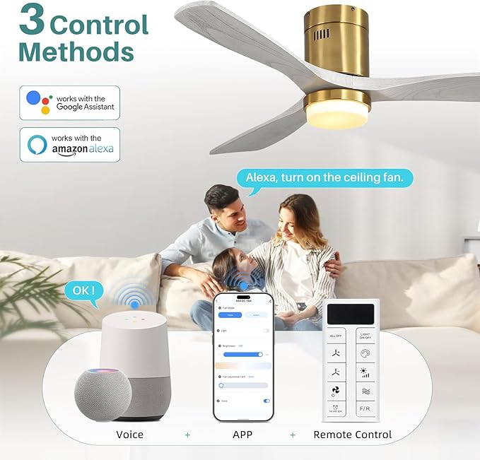 Sofucor 52 Inch Smart Ceiling Fans with Lights-Flush Mount Low Profile Modern Outdoor Solid Wood Ceiling Fans with Alexa/Google Assistant/APP/Remote Control for Bedroom/Farmhouse/Patio, Grey Gold