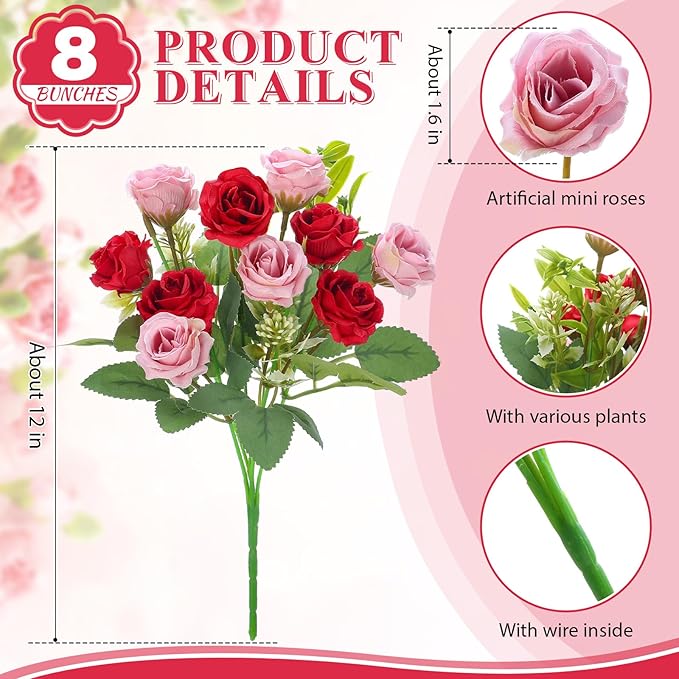 Zeyune 8 Pack 12 Inch Wedding Bouquets for Bride Bridesmaid Red and Pink Artificial Rose Bouquet Fake Silk Roses Flowers Bunches Bulk for Home Office Garden Parties Decoration