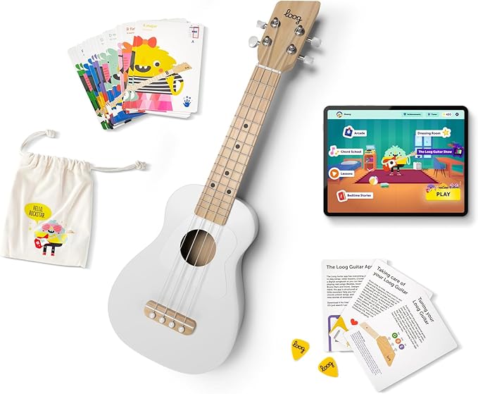 Loog Wood Soprano Ukulele for Kids & Beginners, App & Lessons, All Ages (White)