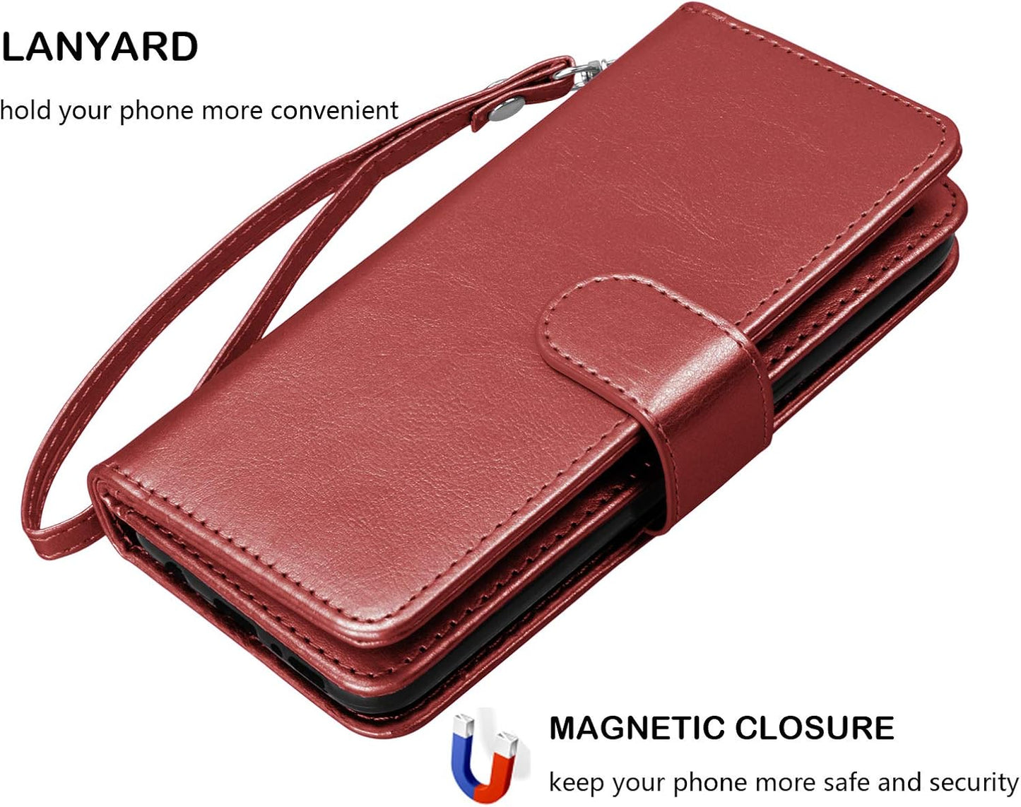 Njjex iPhone 12 Pro Max Wallet Case - 9 Card Slots, PU Leather, Detachable Kickstand (Wine Red)