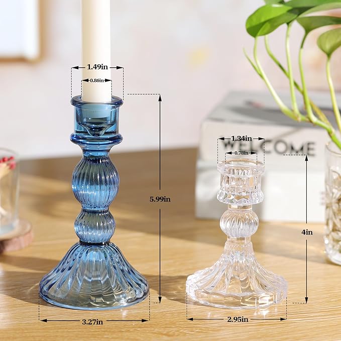 DARJEN 2 Pcs Blue Candlestick Holders - Vertical Stripe Glass Candle Holders for Taper and Votive Candles, Taper Candle Holder for Home, Wedding, Party, Dinner Table Decor