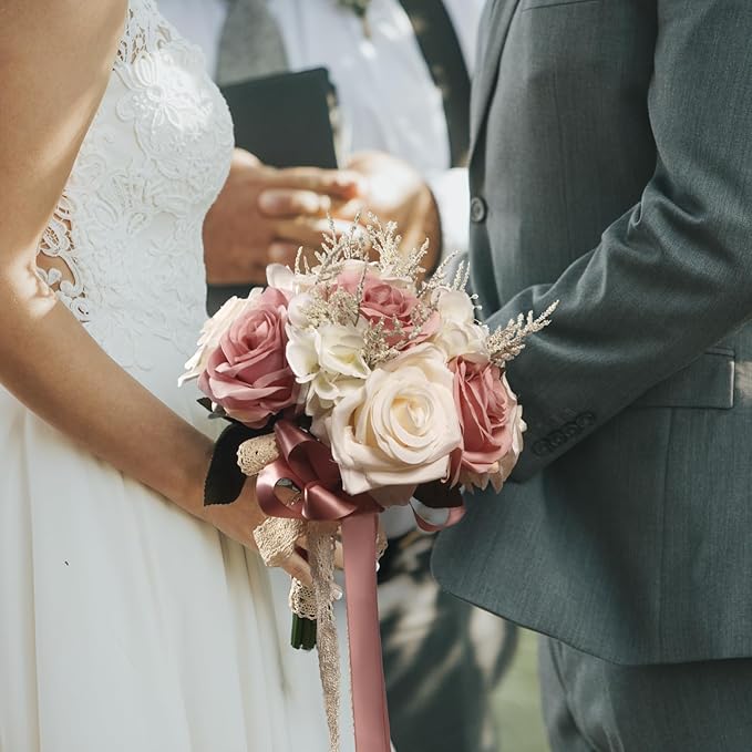 Wedding Bouquets for Bride, Champagne White & Pink Bridal Bridesmaid Wedding Flowers, Artificial Toss Rose for Civil Ceremony (Hollow Lace Ribbon Handle)