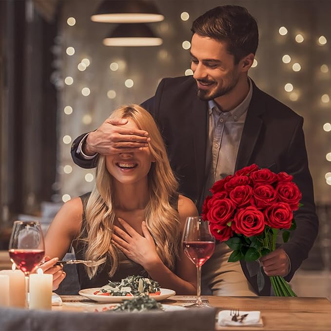Ouddy Decor 20 Pcs Red Roses Artificial Silk Flowers Fake Roses Bouquet with Long Stems for Valentines Day Decor Wedding Home Party Table Centerpieces Bridal Bouquet DIY Floral Arrangment, Red
