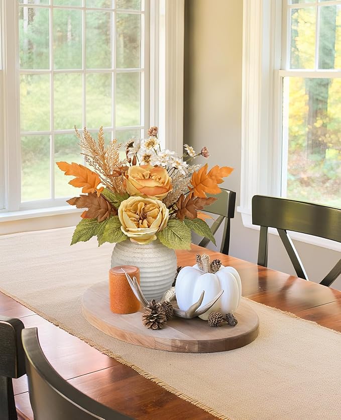 Artificial Fall Floral Centerpiece with Vase, Fake Flowers for Autumn Table Decorations, Silk Rose & Maple Leaves Arrangement, Rustic Cement Vase Harvest Decor for Dining Table, Kitchen, Living Room