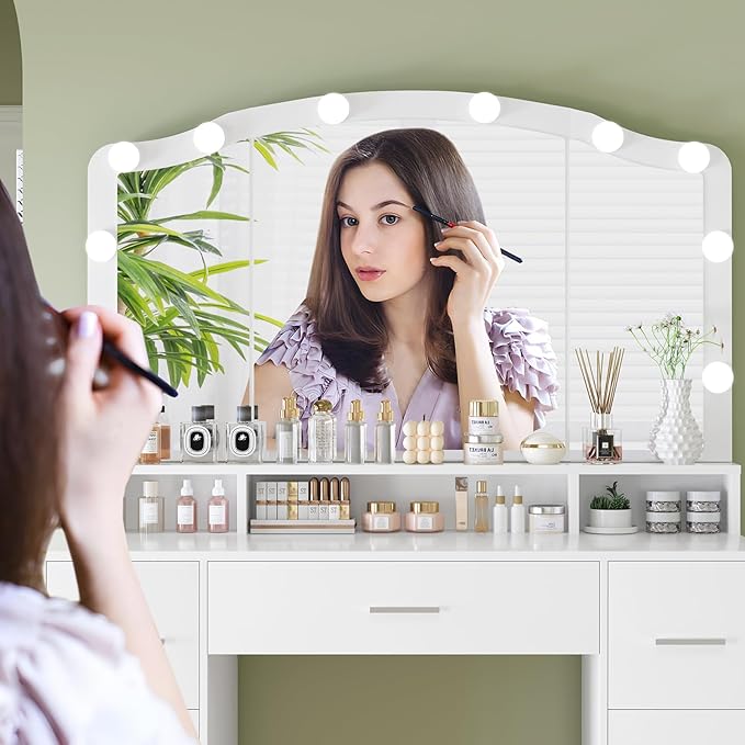 usikey 43.3" Vanity Desk with Large Lighted Mirror, Makeup Vanity Table with 7 Drawers & 10 Lights Bulbs, 3 Lighting Colors, Make Vanity Desk, Vanity Table for Women Girls, White