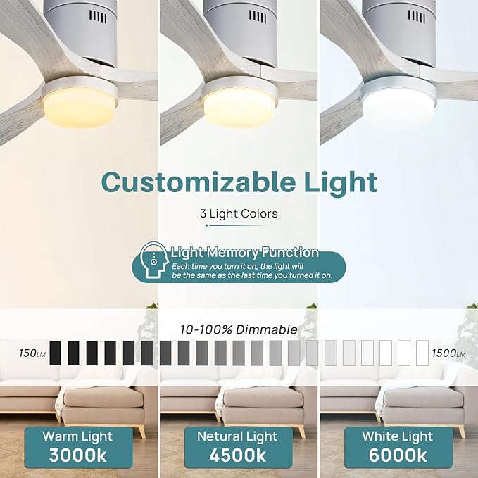 Sofucor Ceiling Fan with Lights 52 Inch Flush Mount Ceiling Fan with Remote Control, 3 Solid Wood Blades Modern Outdoor Ceiling Fans for Bedroom/Farmhouse/Patio/Indoor, Quiet DC Motor, Silver & Grey