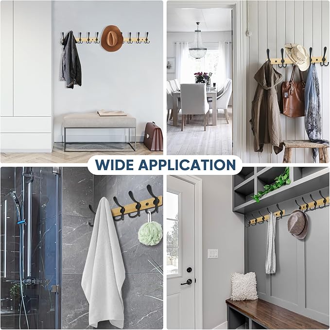 TICONN Wall Mounted Coat Rack, Five Heavy Duty Tri Hooks All Metal Construction for Jacket Coat Hat in Mudroom Entryway (Wood Black, 2-Pack)
