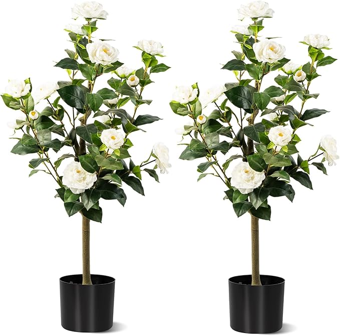 Artificial Camellia Tree 2 Pack, Artificial Plants Outdoor Faux Floral Plant in Cement Pot Fake Silk Camellia Tree Plants for Home House Living Room Office Decor