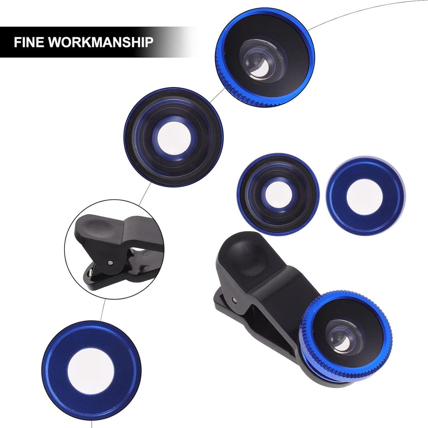 Hemobllo Phone Camera Lens - 3 in 1 Kit, 180° Fish Eye + 0.67X Wide Angle + Macro Lens, Universal Clip