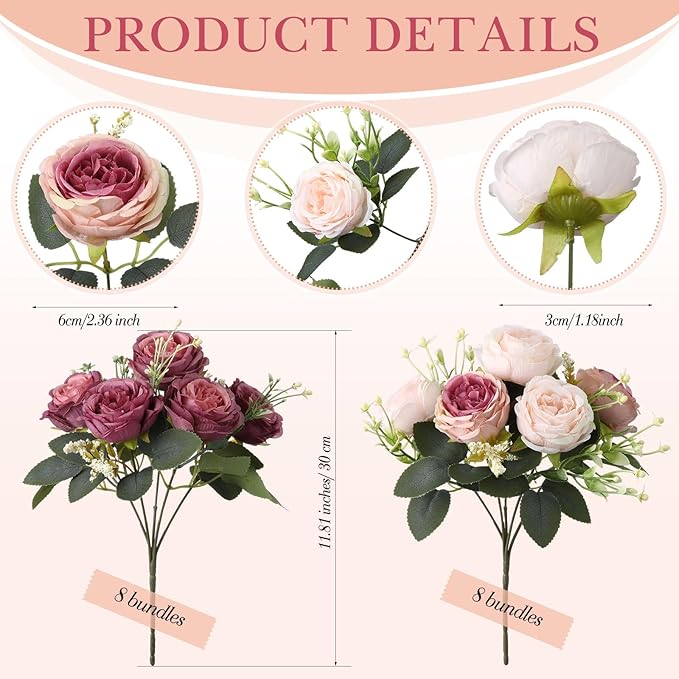 Geosar 16 Bundles Artificial Peonies Flowers Fake Silk Peony Bouquet Faux Peonies Flowers Bulk for Decoration Vase Floral Arrangements Wedding Party Table (Dusty Pink,Dusty Rose)