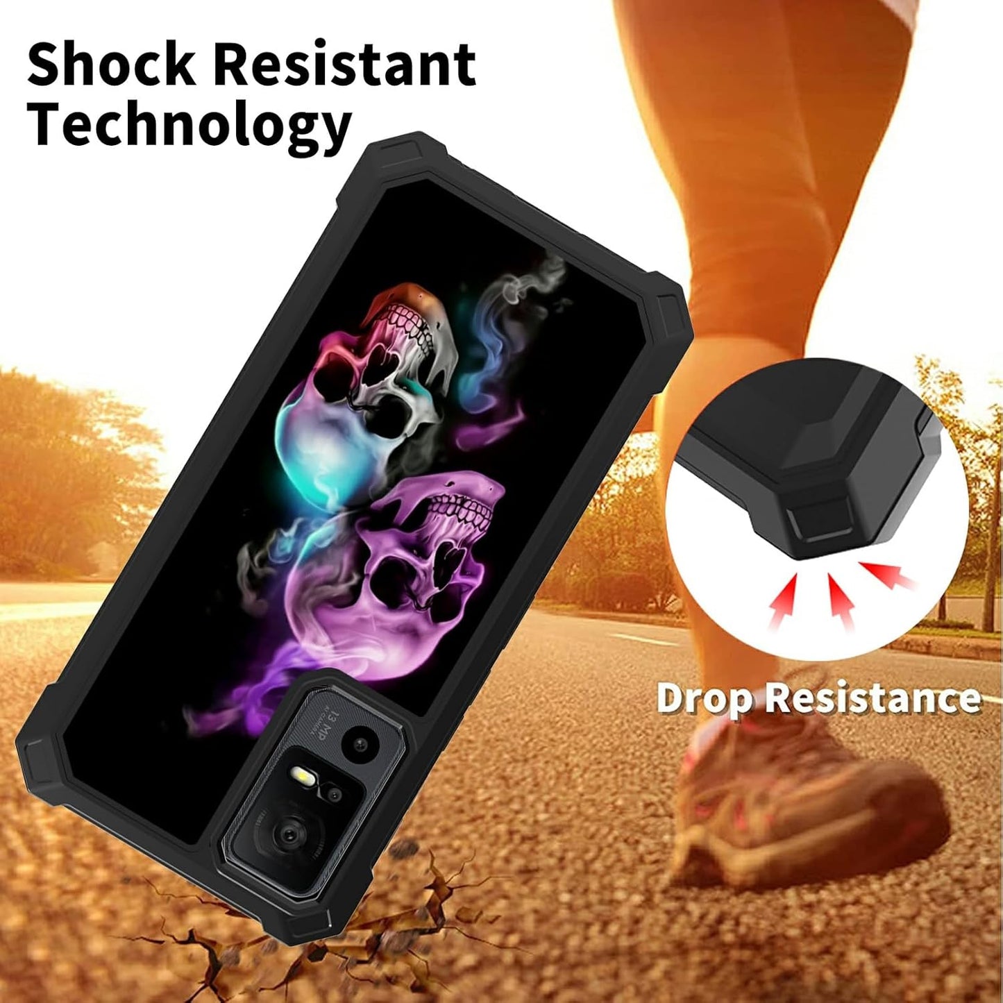 Rossy Case for TCL 40 XE 5G with Tempered Glass Screen Protector, Heavy Duty Shockproof Protective Cover with Skull