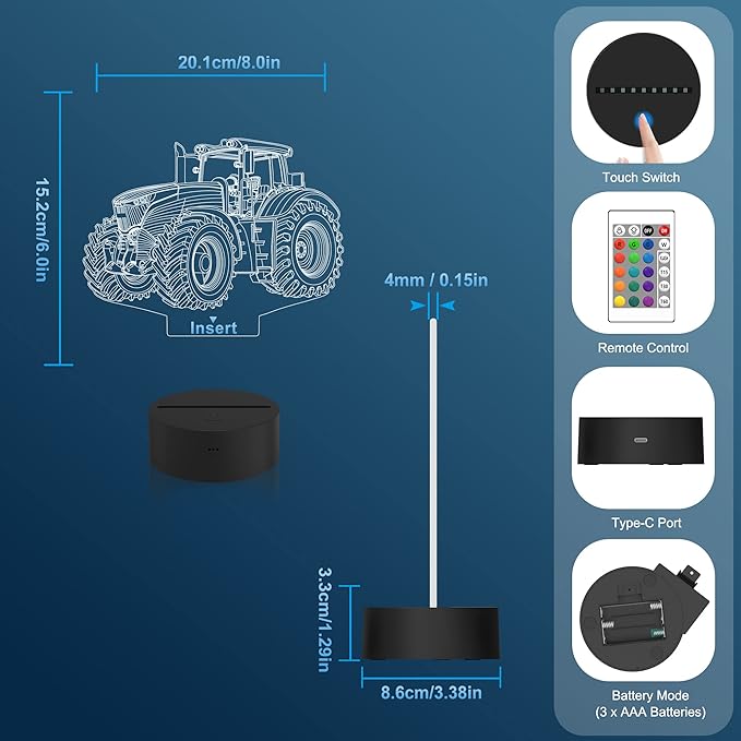 Attivolife Tractor 3D Illusion Night Lamp, 16 Color Changing Dimmable Hologram Lighting, Timer Toy USB Charge Table Desk Bedroom Decoration Creative Gift for Kid Boy with Remote Control