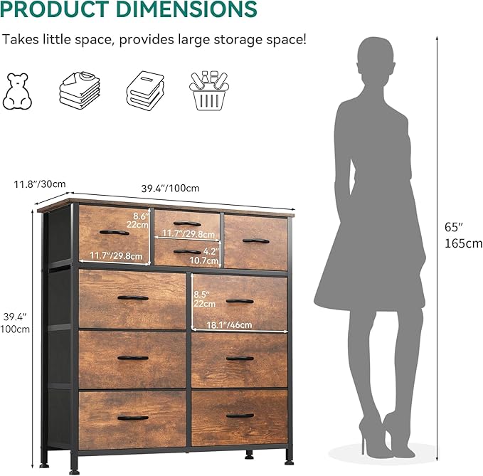 YITAHOME Dresser with 9 Drawers - Fabric Storage Tower, Organizer Unit for Bedroom, Living Room, Hallway, Closets - Sturdy Steel Frame, Wooden Top & Easy Pull Fabric Bins (Dark Grey)