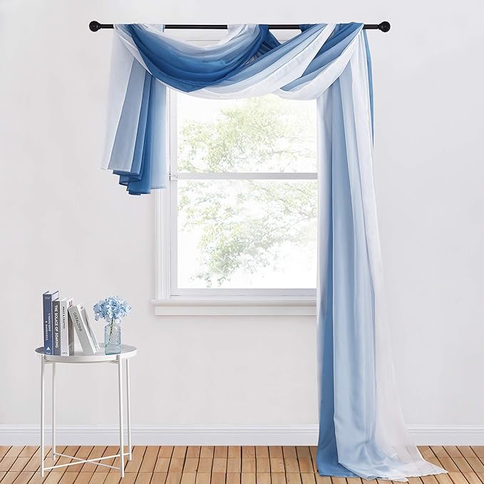 NICETOWN Navy Blue Ombre Sheer Scarf Curtains Valances, Elegant Backdrop Voile Texture for Indoor Outdoor Wedding Ceremony/Party/Pergola Canopy, Set of 2, W60 x L216