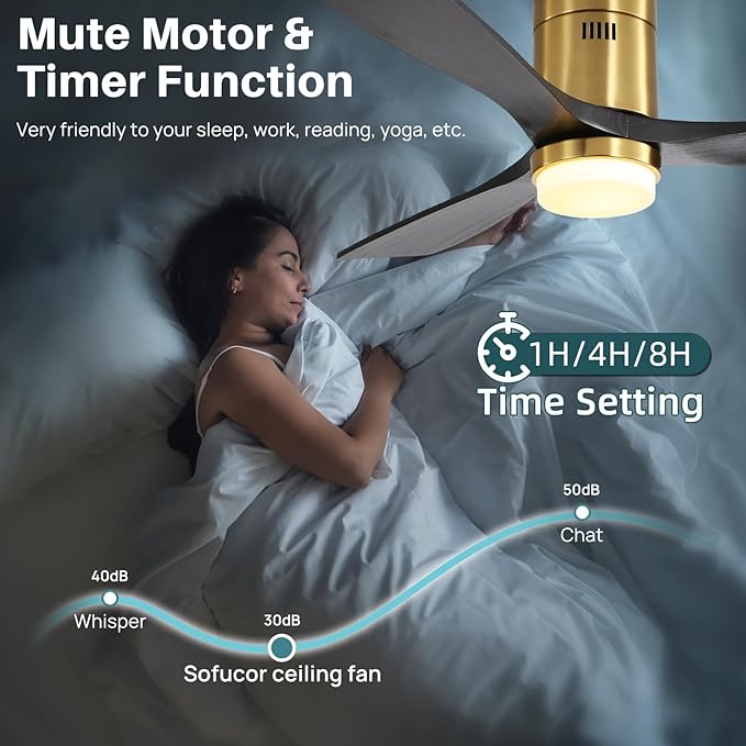 Sofucor Ceiling Fan with Lights-52 Inch Flush Mount Ceiling Fan with Light and Remote Control, Low Profile Wood Blades Modern Outdoor Ceiling Fans for Bedroom/Farmhouse/Patio/Indoor, Quiet DC Motor