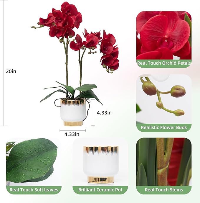 CXGS Orchids Artificial Flowers Real Touch Fake Flowers in Ceramic Pot 20" Red Faux Orchid Plant Lifelike Silk Phalaenopsis for Centerpiece Hotel Home Indoor Decor