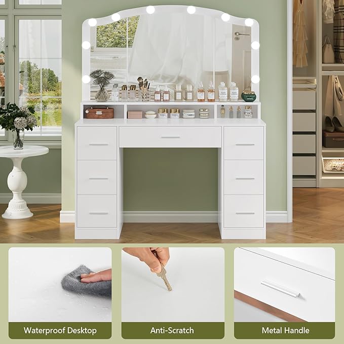 usikey 43.3" Vanity Desk with Large Lighted Mirror, Makeup Vanity Table with 7 Drawers & 10 Lights Bulbs, 3 Lighting Colors, Make Vanity Desk, Vanity Table for Women Girls, White