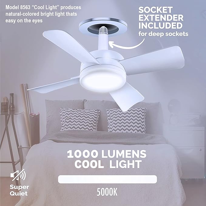 Bell+Howell Socket Breeze Modern Ceiling Fans with LED Lights, 10" LED E26/E27 Screw Base Mini Light Socket Fan with Cord for Bedroom, Living Room, Kitchen, Balcony