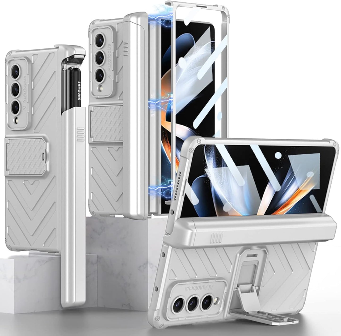 Miimall Samsung Galaxy Z Fold 4 5G Case with Built-in Tempered Glass Protector, Magnetic Hinge, Kickstand, Silver
