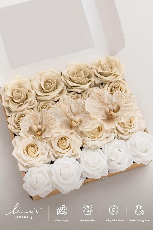 Ling's moment Artificial Flowers Fake Silk Orchid Faux Foam Roses Combo for DIY Wedding Bouquets Centerpieces Arrangements Bridal Shower Party Home Decorations, Tawny Beige & Sand Beige, 21pcs