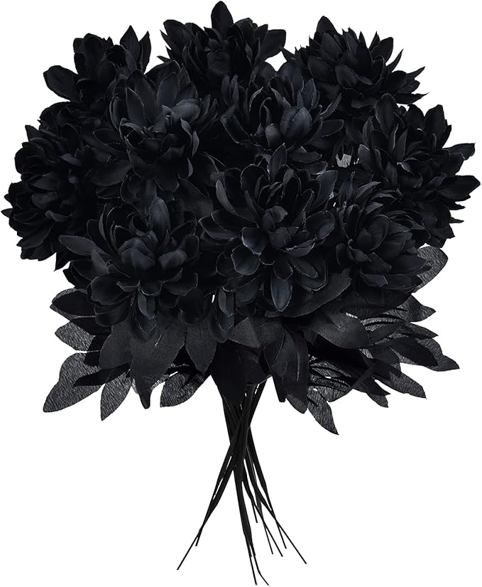 Artflower 10 Pack Artificial Silk Dahlia Bouquet with Long Stem, 16” Black Fake Flower Floral Arrangements Wedding Bridal Bouquet for Halloween Harvest Festival Table Centerpieces Home Decor