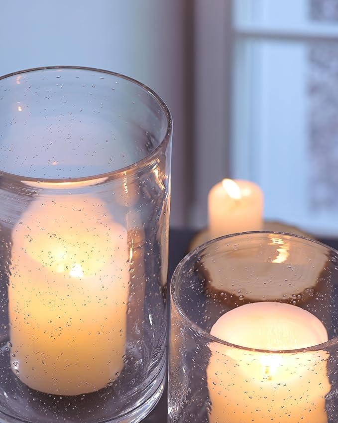 Hurricane Candle Holder Set of 3 Clear Candle Holders for Pillar Candles, Seeded Bubbles Glass Candle Holder for table centerpiece, Glass Cylinder Vases for Home, Patio and Wedding 8"4.7"3.5"H