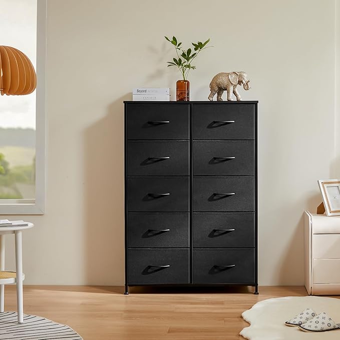 DUMOS Dresser for Bedroom, 10 Storage Drawers, Wide Fabric Closet Chests Organizer Tower Furniture with Wooden Top Metal Frame for Clothes, Guest Room, Living Room, Hallway, Entryway