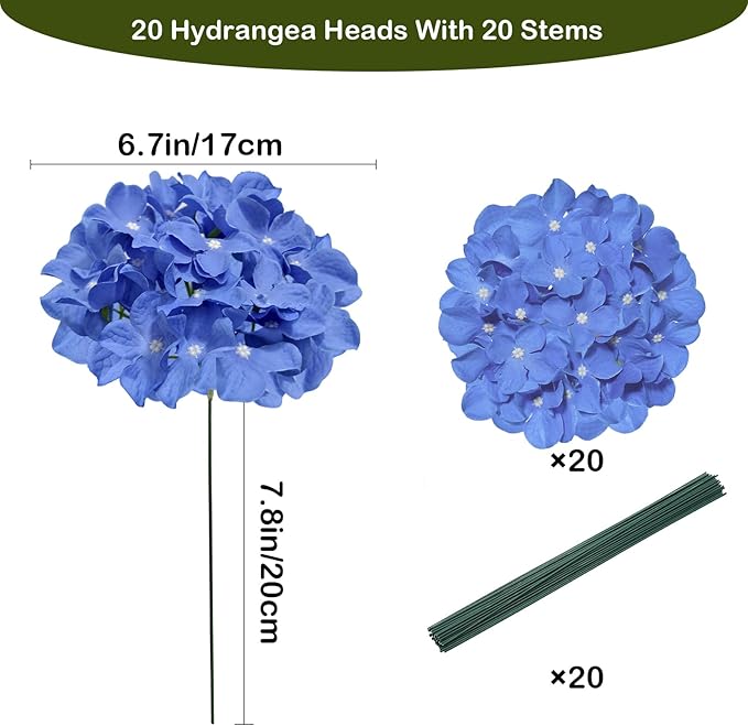 Hydrangea Artificial Flowers, 20 Pcs Royal Blue Hydrangea Artificial Flowers Bulk, Faux Hydrangea Flowers for Outdoor, Fake Silk Hydrangea Flowers with Stems for Wedding Decoration Decor