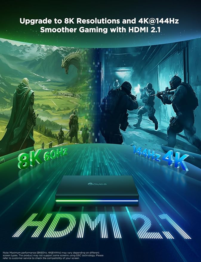 Govee HDMI 2.1 Sync Box 2, AI Sync Box with TV Backlight, Supports 8K@60Hz, 4K@144Hz, VRR and ALLM, Works with Matter and Alexa, RGBIC LED Light Strip for 75-85 inch TVs, 75 LEDs/m