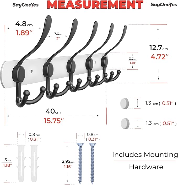 Coat Rack Wall Mount with 5 Tri Hooks, Stainless Steel 16 Inch – White & Black Matte Finish, Heavy Duty Wall Mounted Hook Rack for Coats, Hats, Towels, Scarves, Robes, Bags, Entryway & Bathroom