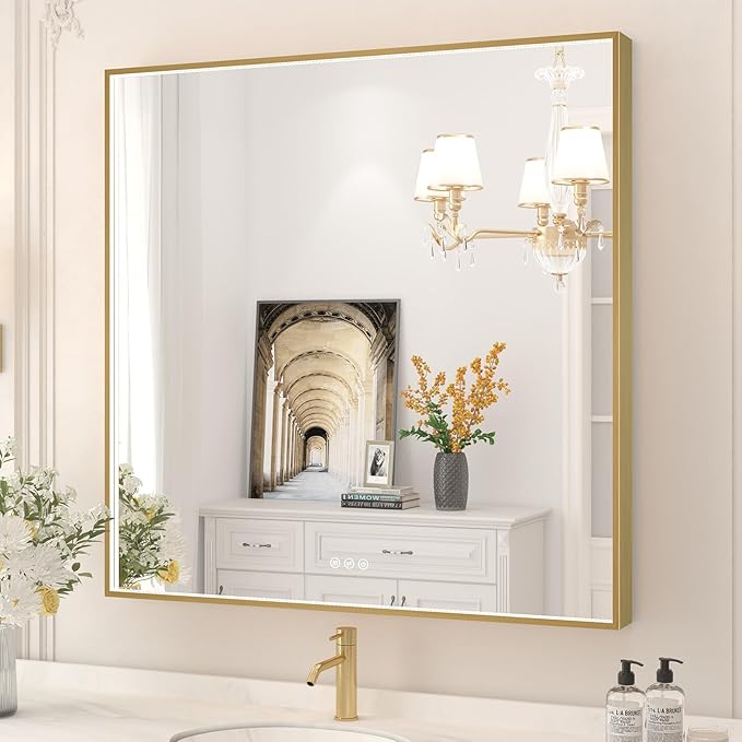 36x36 Inch LED Bathroom Mirror, Gold Metal Framed Lighted Mirror for Bathroom, Wall Mouted LED Vanity Mirror with Lights, 3 Colors and Stepless Dimmable, Anti-Fog, Memory