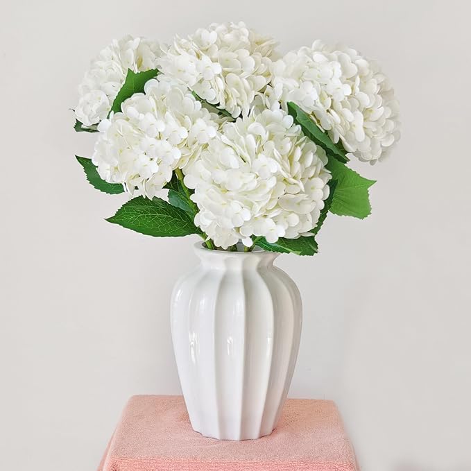 Real Touch White Hydrangea Artificial Flowers with Stems, Fake Silk Flowers for Outdoors, 3 Pcs Artificial Flowers for Home Decor Wedding Bouquets Centerpieces Vase