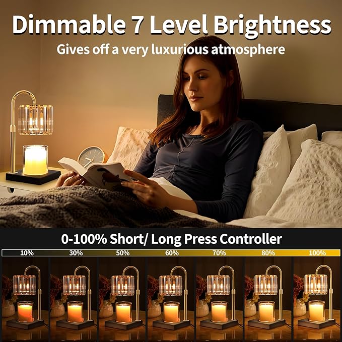Candle Warmer Lamp, Wax Warmer Candle Lamp Timer & Dimmer 7-Levels, Compatible Most Jar Candles, Top Melting, Cystal Candle Heater Lamp for Scented Wax, Elegant Home Decoration, Black
