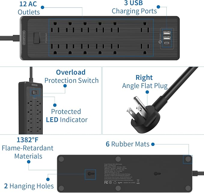 NTONPOWER 25 Ft Extension Cord Flat Plug, 12 Outlets(2 Widely Space) 3 USB with 2100J Surge Protector Power Strip, Overload Protection, 1875W/15A, Wall Mount for Home Office, Workbench or Garage,Black